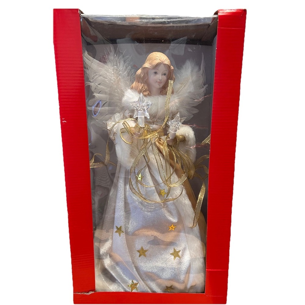 Kurt Adler Angel Christmas Tree Topper 12" White & Gold Illuminated Lights Up‎